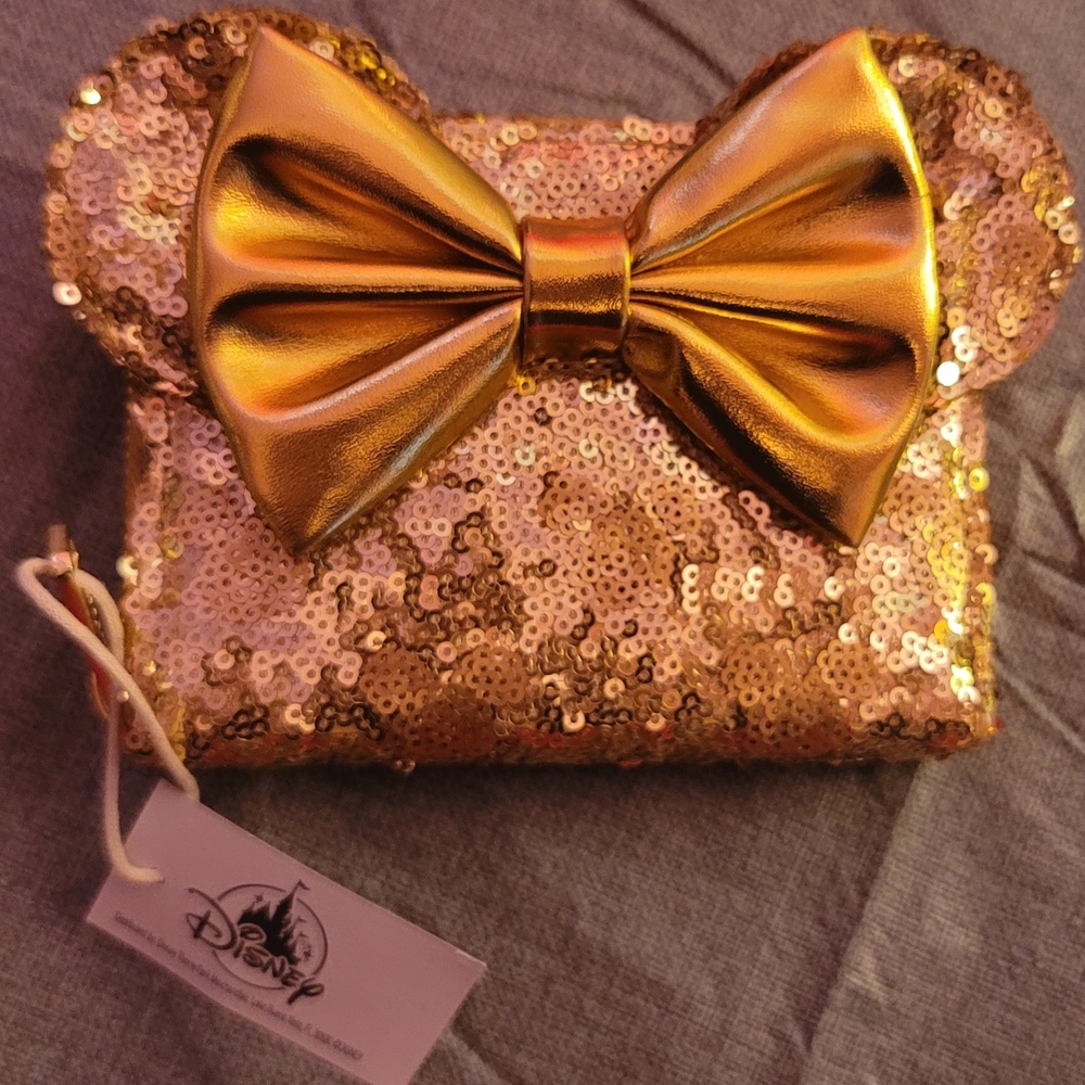 Disney Loungefly Gold Minnie Sequin Bow Ear Wallet! NEW! - Picture 2 of 5